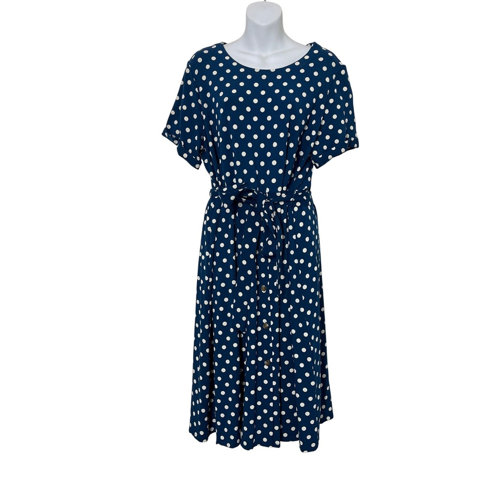 J. Jill Polka Dot Midi Dress Womens XL Navy Blue Wearever Knit Short Sleeve